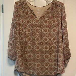 St. John's Bay Relaxed Cream and Brown 3/4 Sleeve Blouse